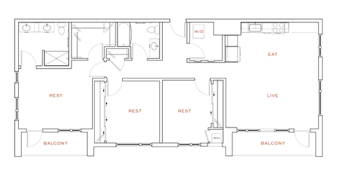 A floor plan of an apartment with a balcony on each side.